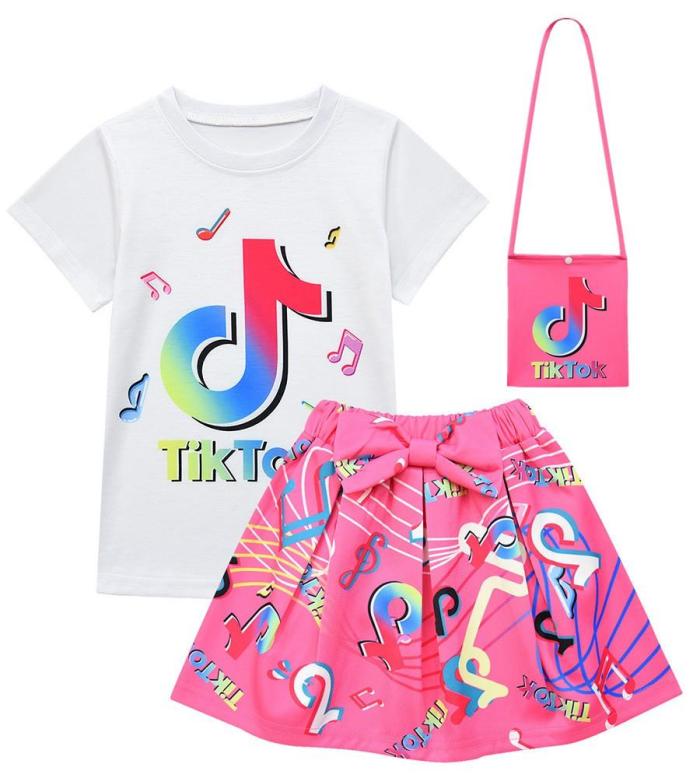 Girls Tik Tok Print T Shirt Skirt Suits Costume With Bag
