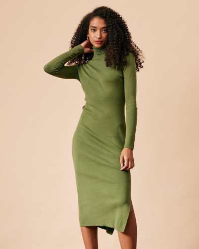 The Green Solid Turtleneck Long Sleeve Knit Dress
