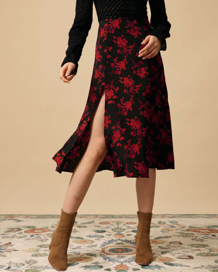 The Floral Slit High Waisted A-Line Skirt