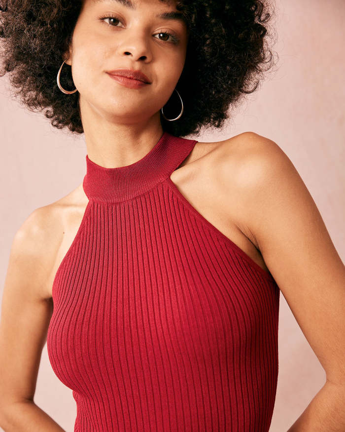The Red Halter Sleeveless Knit Tank Top
