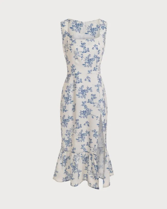 The Square Neck Ruffle Trim Midi Dress