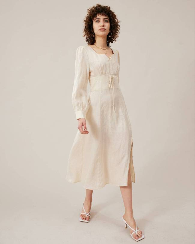 The Premium-Fabric Solid Split Linen Midi Dress