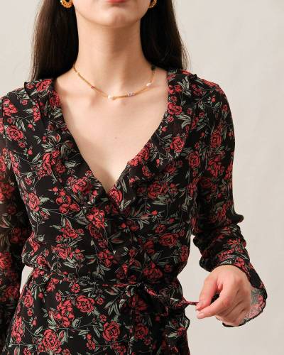 The V Neck Ruffle Wrap Mini Dress