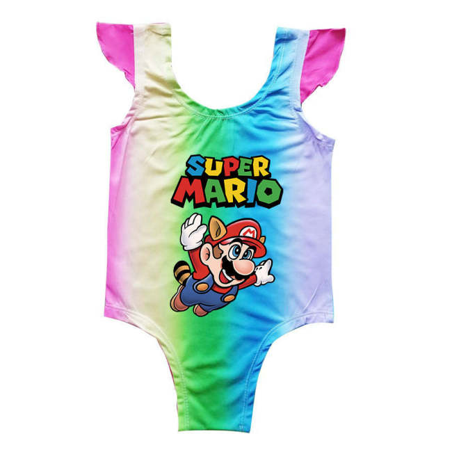 Girls Flying Super Mario Print Galaxy Rainbow One Piece Swimsuit