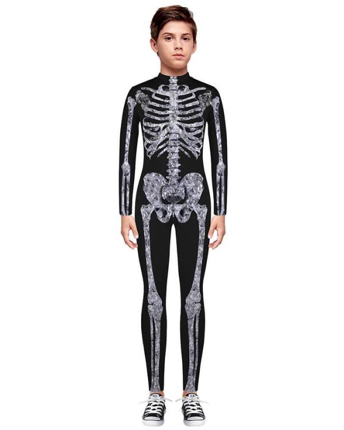 Boys Girls Crystal Skeleton Catsuit Kids Halloween Party Costume