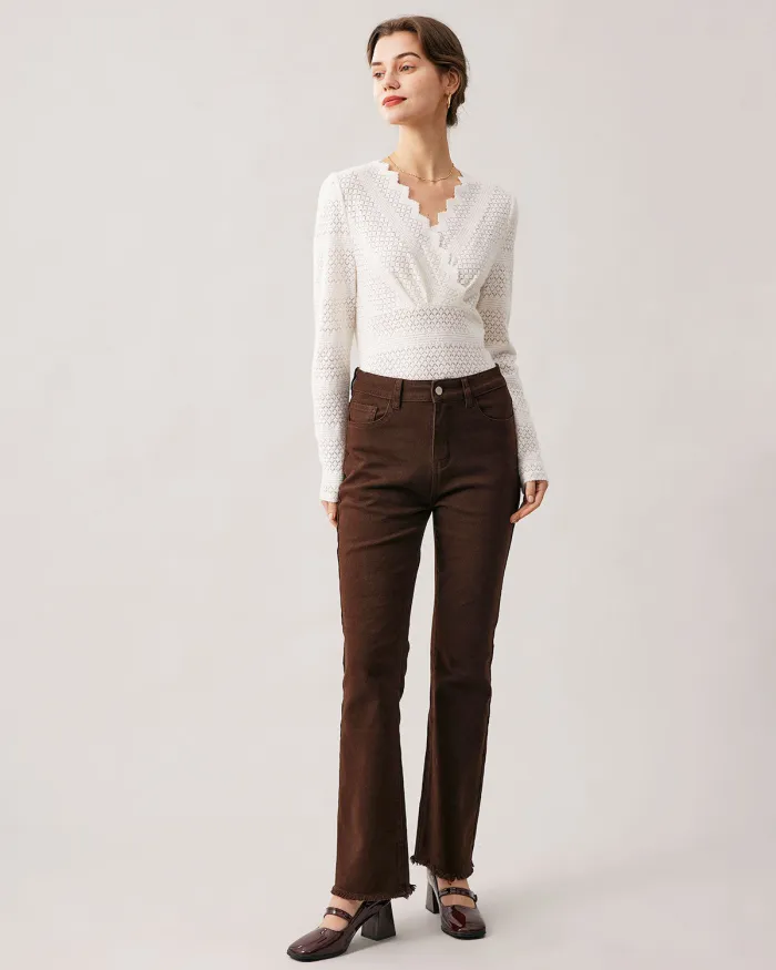 The White V Neck See Through Knit Top