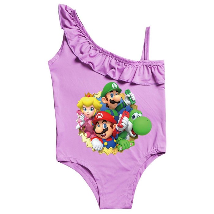 Girls Super Mario Bros Print One Piece Ruffle Shoulder Swimsuit