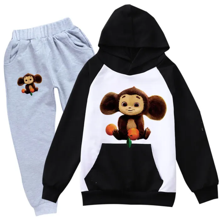 Boys Girls Cheburashka Print Monkey Plush Pattern Hoodie Sweatpants