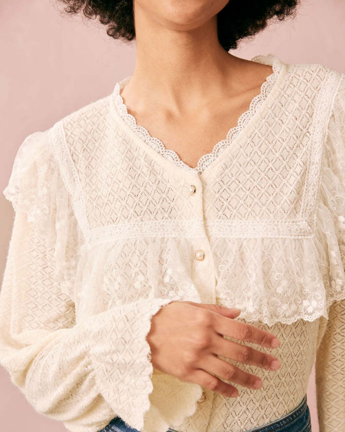 The Beige V Neck Lace Long Sleeve Blouse