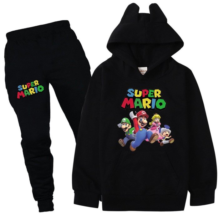 Super Mario Bro Print Girls Boys Cotton Hoodie Pants Sets Long Outfit
