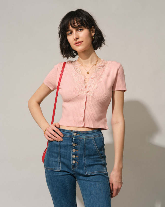 The Pink V Neck Lace Trim Knit Top
