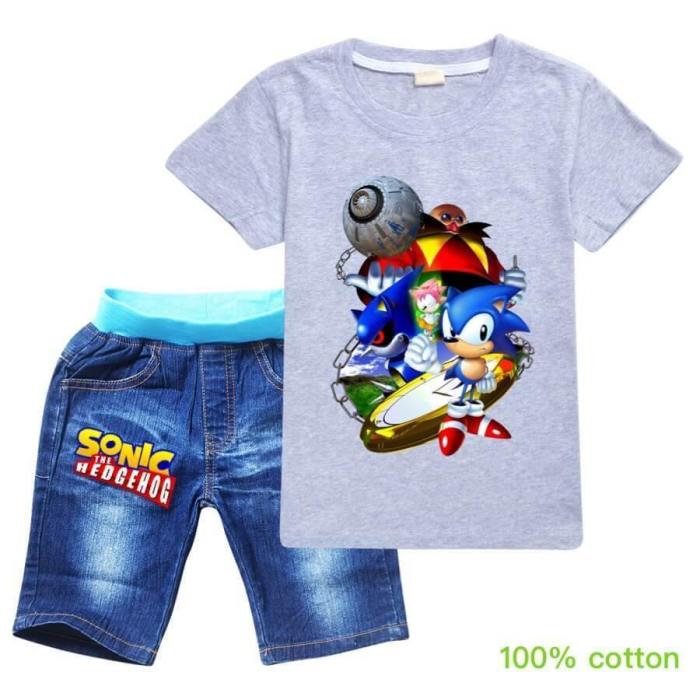 Boys Girls Sonic The Hedgehog Print Cotton T Shirt N Denim Shorts Set