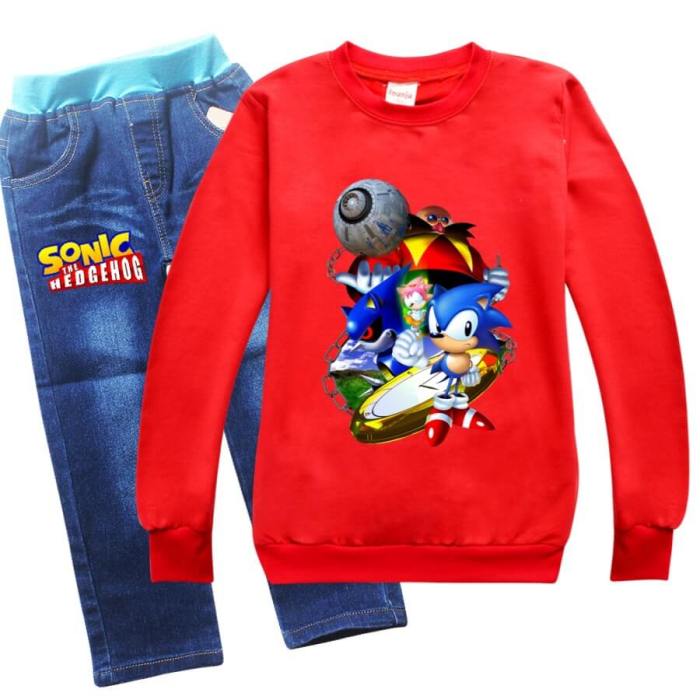 Sonic The Hedgehog Print Girls Boys Pullover Hoodie Jeans Outfit Sets