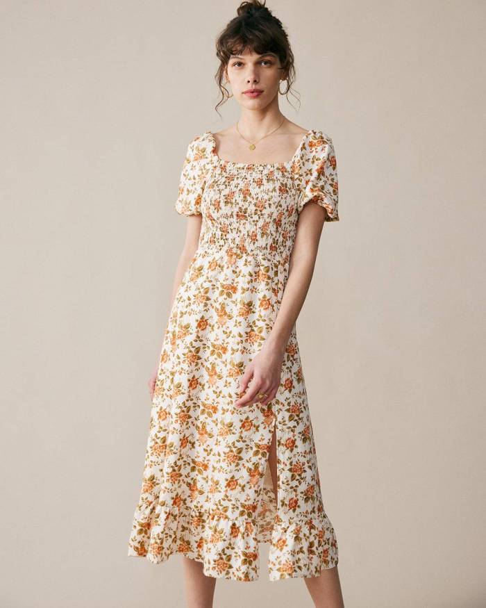 The Vintage Smocked Split Floral Dress