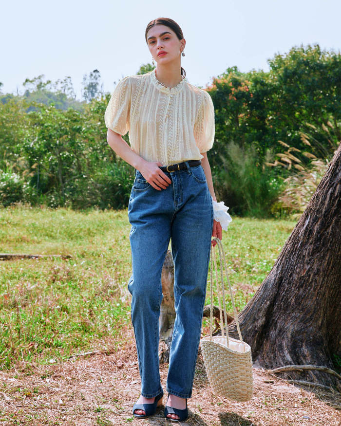 The Beige Lace Trim Puff Sleeve Blouse