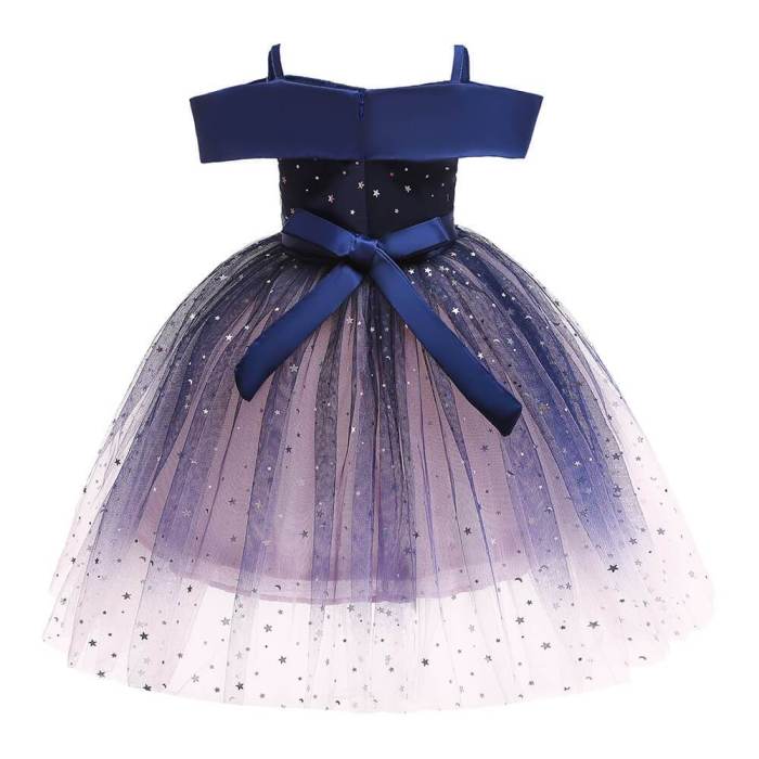 Girls Dark Blue Off The Shoulder Sequin Tulle Formal Gowns Party Dress