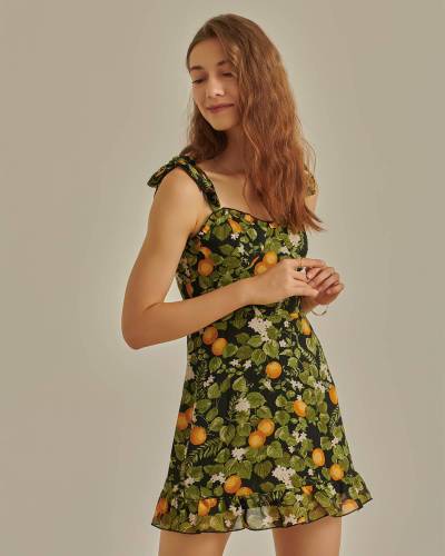 The Green Floral Tie Shoulder Mini Dress