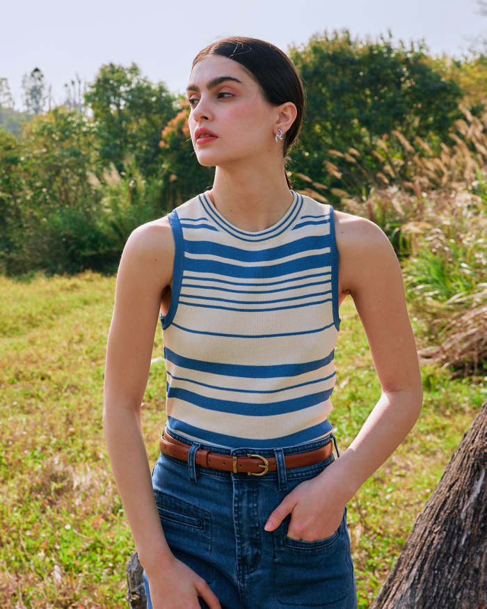 The Blue Striped Sleeveless Knit Tank Top
