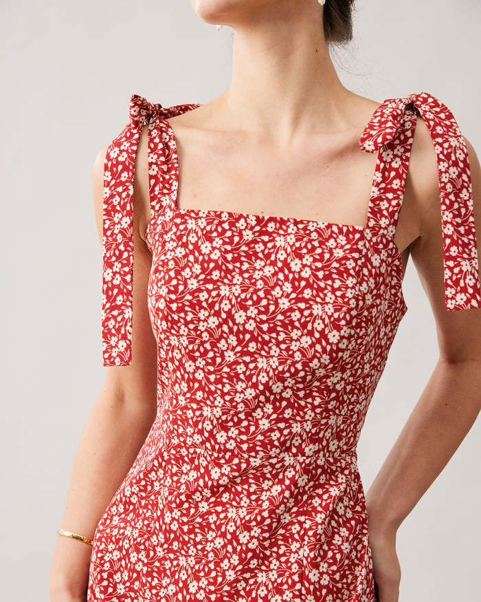 The Red Floral Tie Shoulder Slit Midi Dress