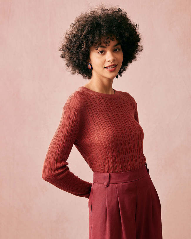 The Solid Round Neck Textured Knit Top