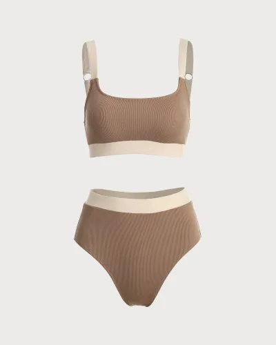The Khaki Square Neck Color Block Bikini Set