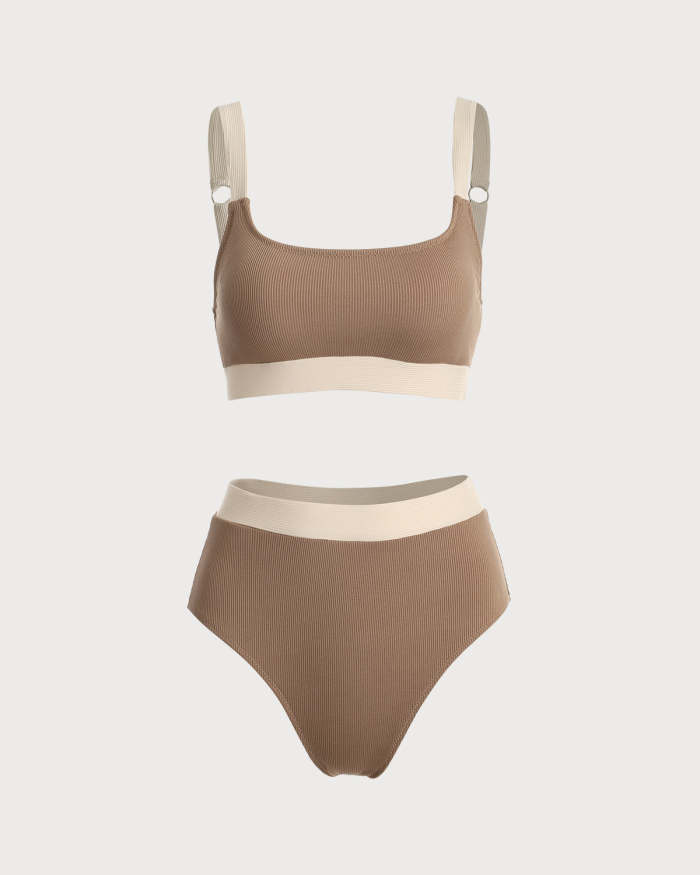 The Khaki Square Neck Color Block Bikini Set