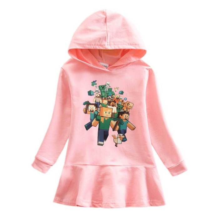 Minecraft Print Girls Hooded Long Sleeve Frill Hem Sweatshirt Dress