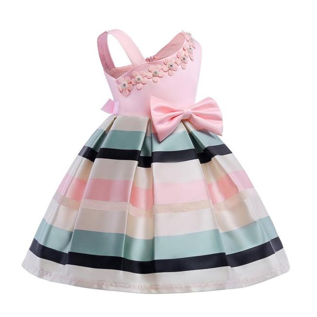 Girls Pink Irregular Beaded Applique Bowknot Stripe Party Gown Dress
