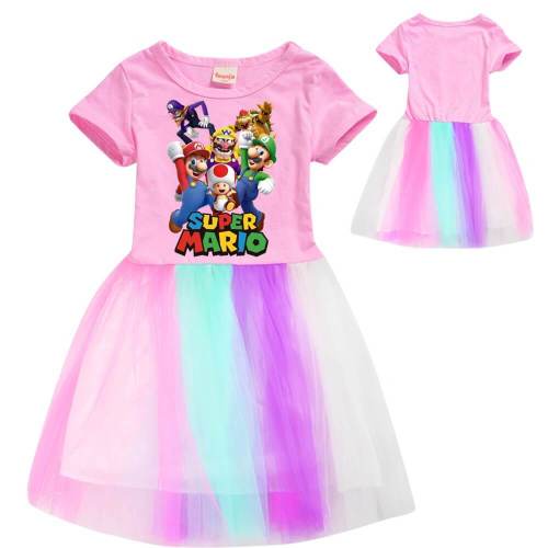 Super Mario Print Girls Pink Short Sleeve Rainbow Tulle Sleeve Dress