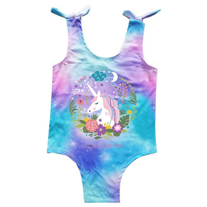 Girls Fancy Unicorn Print Frill Sleeve Rainbow One Piece Swimsuit
