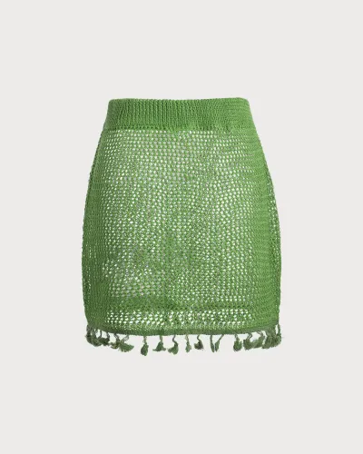 The Green Hollow Out Fringe Trim Cover Up Skirt