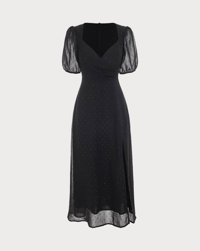 The Black Puff Sleeve Ruched Midi Dress
