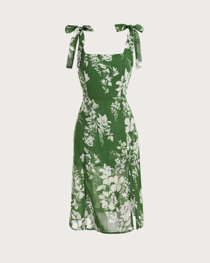 The Green Tie Shoulder Side Slit Midi Dress