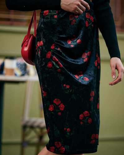 The High Waisted Floral Velvet Midi Skirt