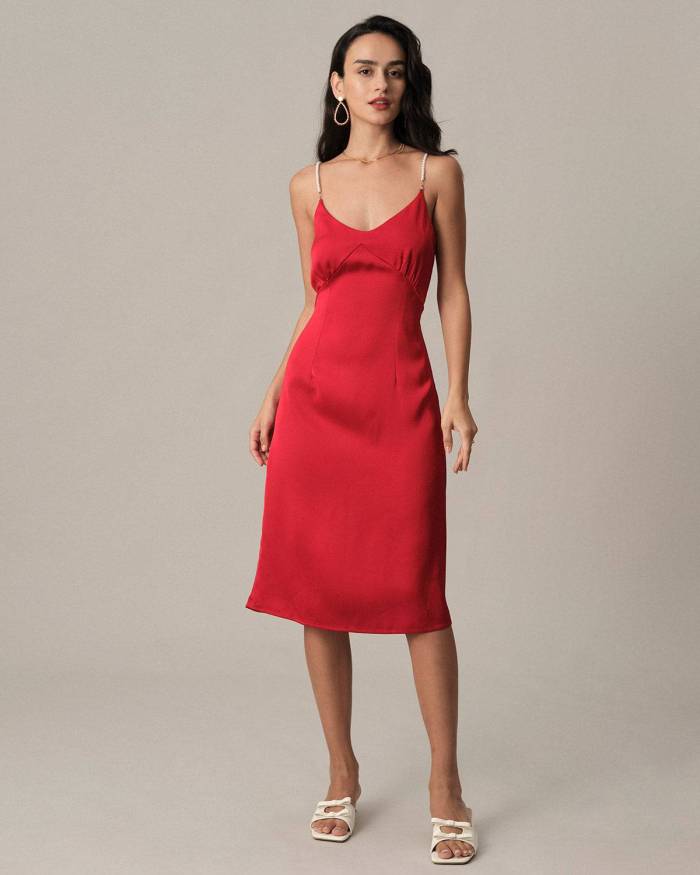 The Red Backless Pearl Strap Midi Dress