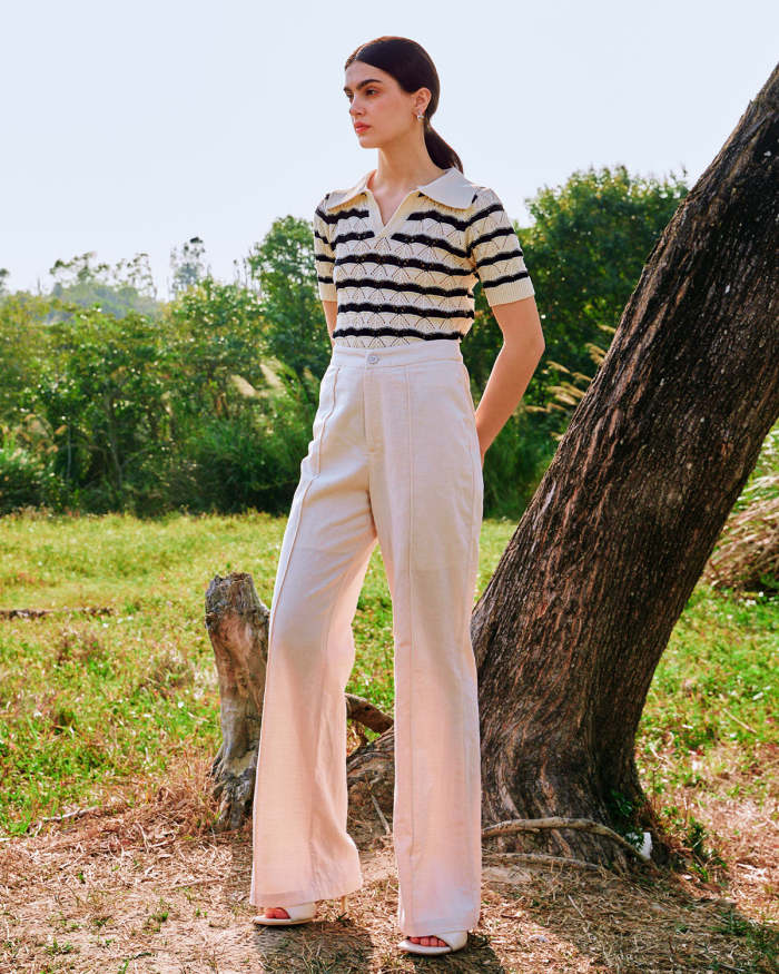 The Collared Striped Pointelle Knit Top
