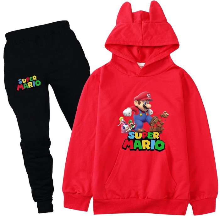 Super Mario Print Girls Boys Cotton Sweatshirt And Pants Set Tracksuit