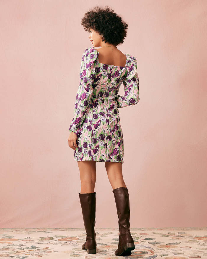 The Purple Square Neck Floral Long Sleeve Mini Dress
