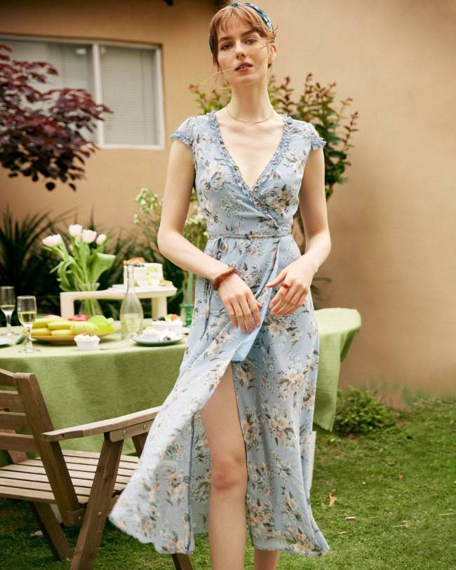 Frill Trim Floral Wrap Midi Dress