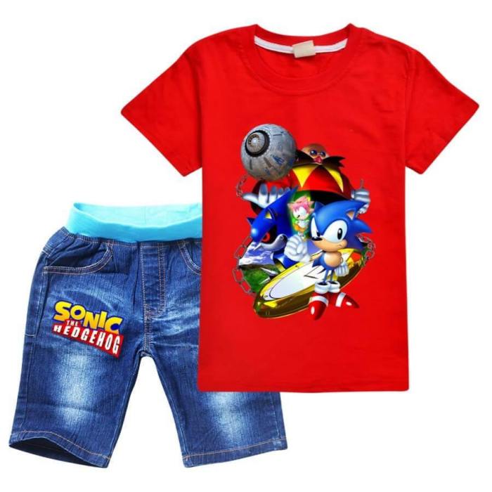 Boys Girls Sonic The Hedgehog Print Cotton T Shirt N Denim Shorts Set