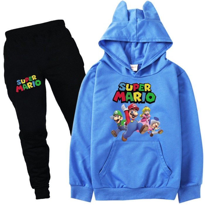 Super Mario Bro Print Girls Boys Cotton Hoodie Pants Sets Long Outfit