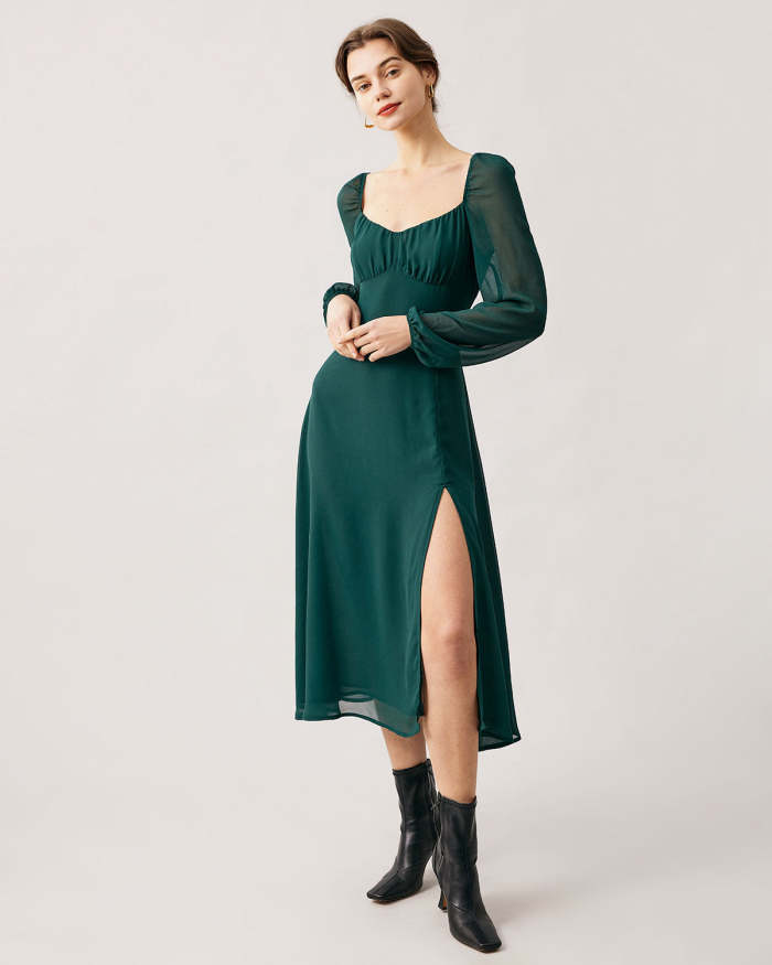 The Green Sweetheart Neck Sheer Sleeve Slit Midi Dress