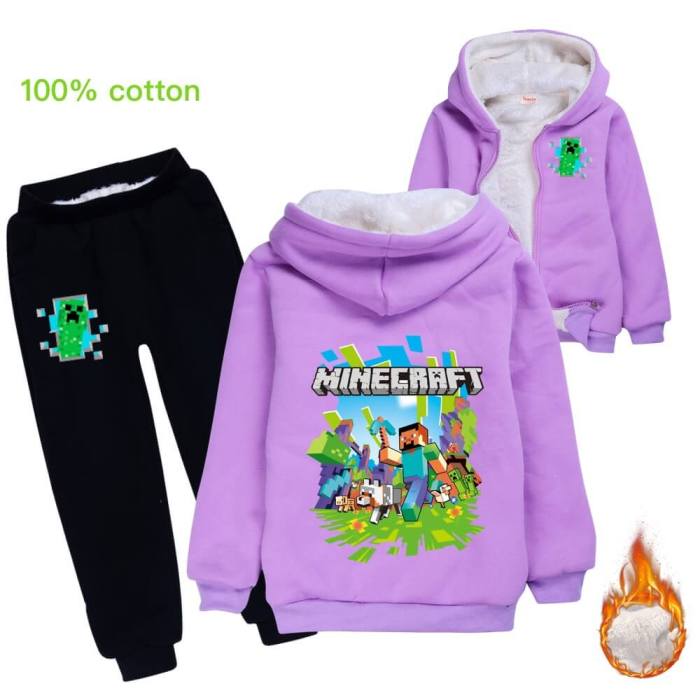 Minecraft Print Girls Boys Lined Cotton Hoodie N Sweatpants Sport Suit