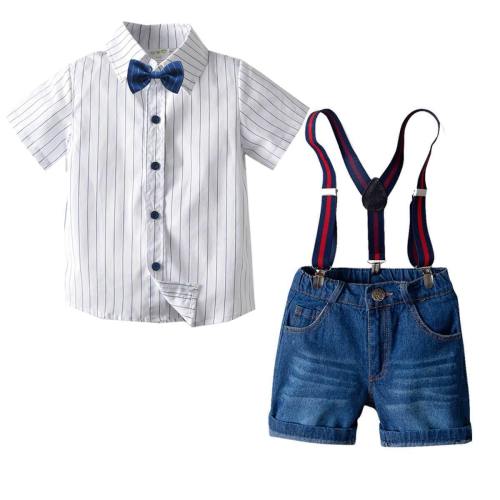 Baby Boys Short Sleeve Shirt With Bowtie Suspender Short Jeans Suits