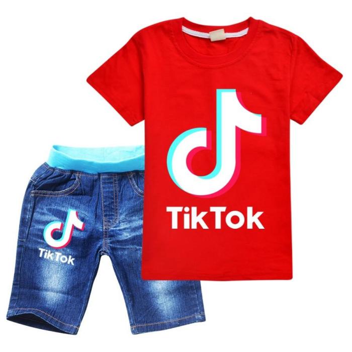 Girls Boys Tiktok Print Cotton T Shirt And Jean Shorts Set