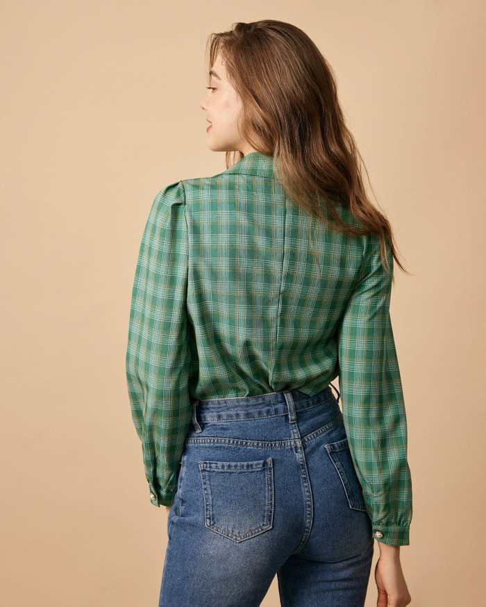 The Collared Puff Sleeve Plaid Blouse
