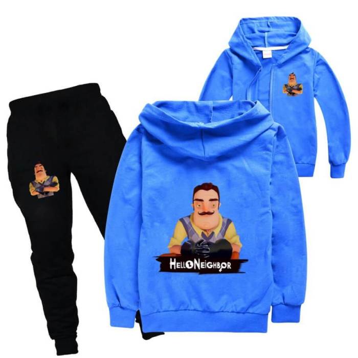 Hello Neighbor Print Girls Boys Zip Up Cotton Hoodie N Pants Tracksuit