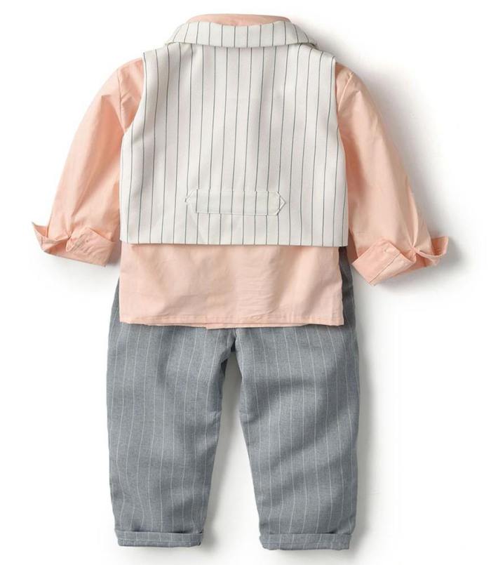 Boys Pink Cotton Shirt White Stripe Vest And Grey Pants Outfit Set