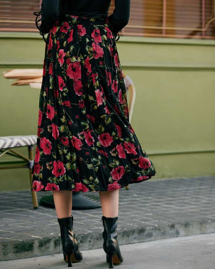 The Floral High Waisted Pleated Midi Skirt