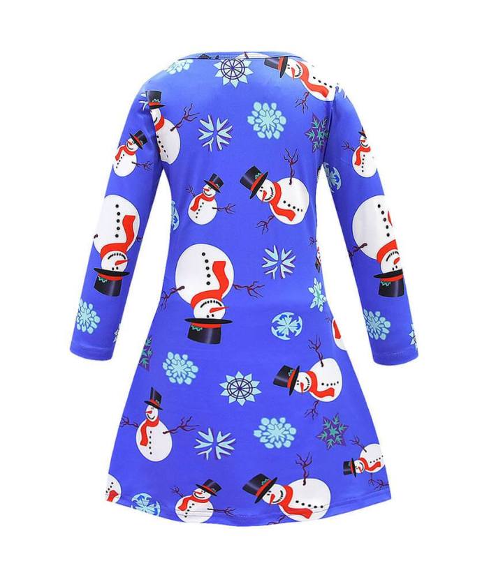 Blue Christmas Snowman Print Girls Long Sleeve Dress Costume